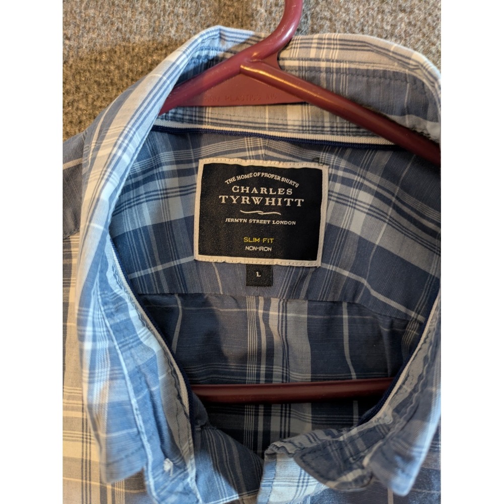 Charles Tyrwhitt Shirt Men's Large Slim Fit Blue Plaid Long Sleeve Button Down - Picture 6 of 10